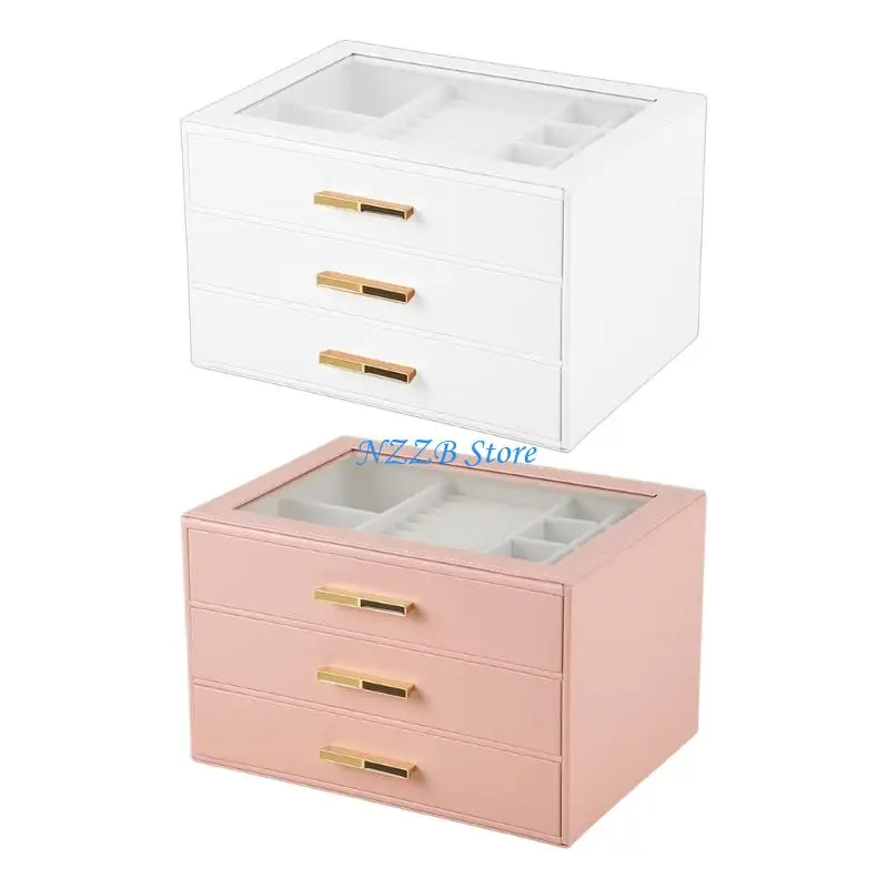 T21F Hộp đựng trang sức thời trang Da PU Hoàn thiện 3 hệ thống ngăn kéo Top