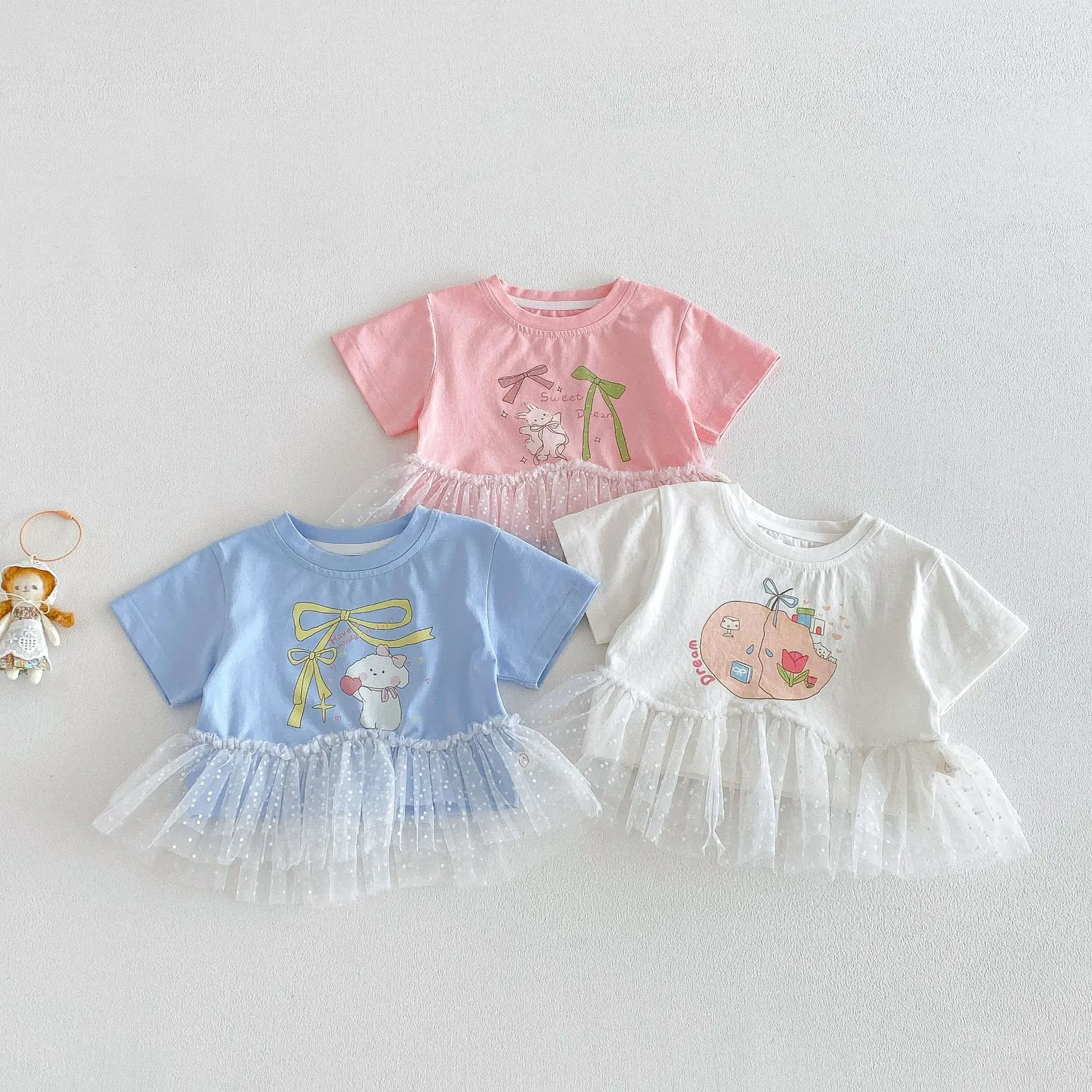 Girls' Korean Version Mesh T-shirt 2026 New Summer Baby Style Cartoon Bunny Print Top for Children's Summer Wear