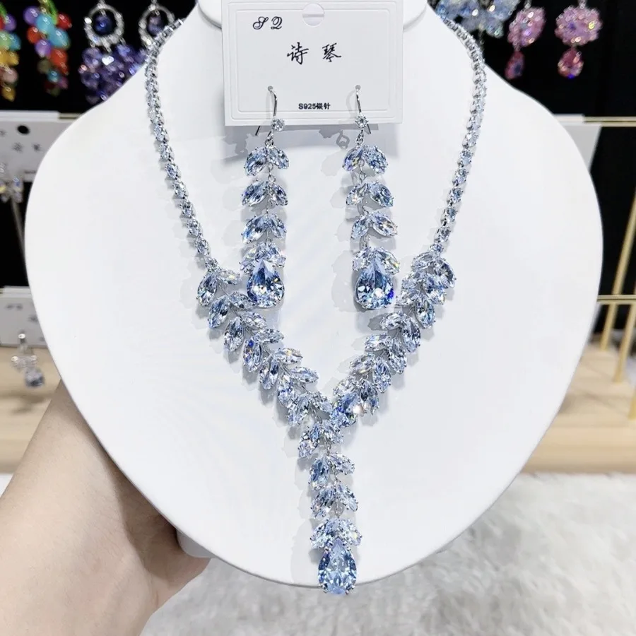 

Elegant Cubic Zirconia Jewelry Set for Women 925 Sterling Silver Post Necklace Earrings Sets Wedding Party Jewelry Accessories