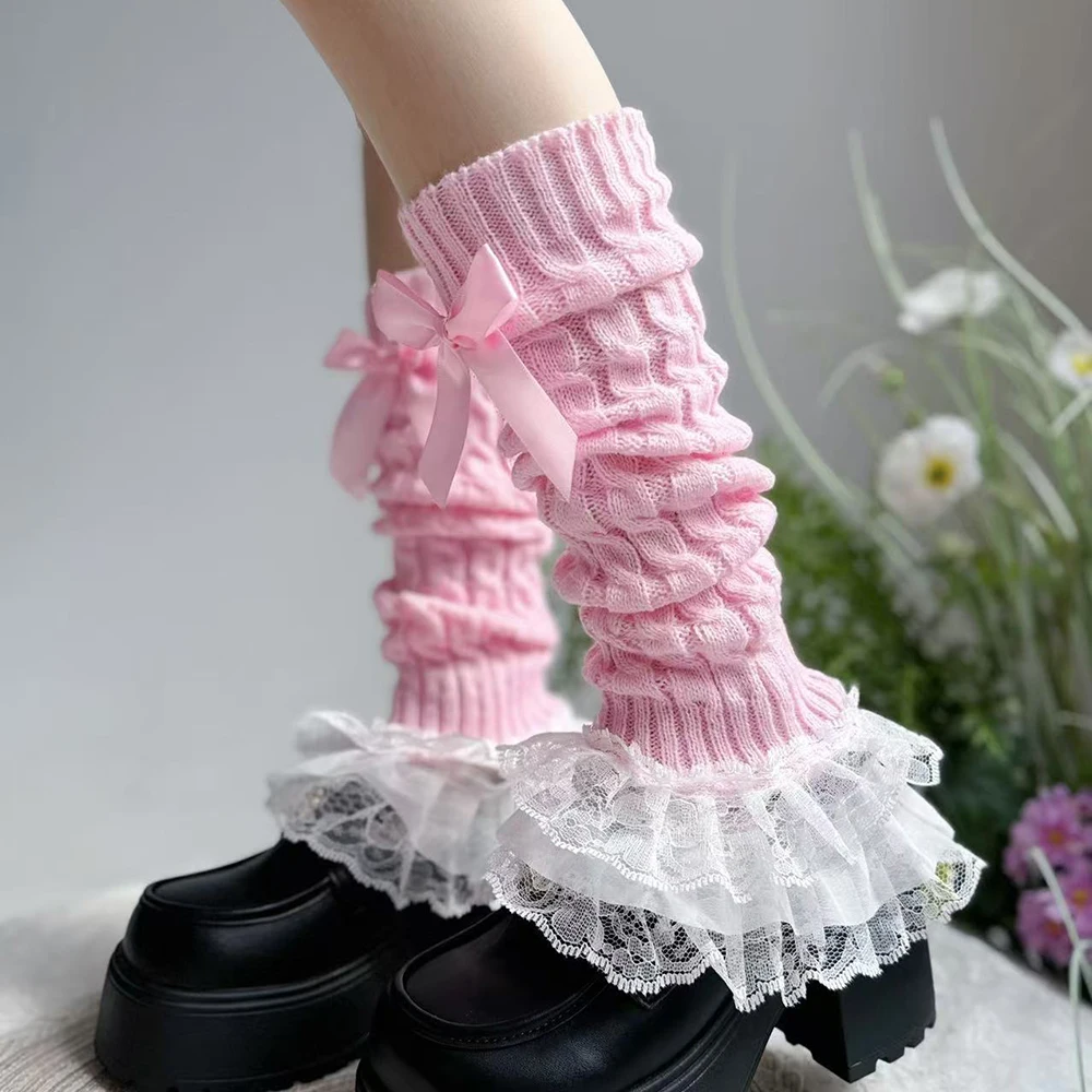Harajuku Women Bowknot Foot Cover Fluffy Lace Ruffle Leg Warmers Knitted Warm Lolita Long Socks Autumn Winter Crochet Boot Cuffs