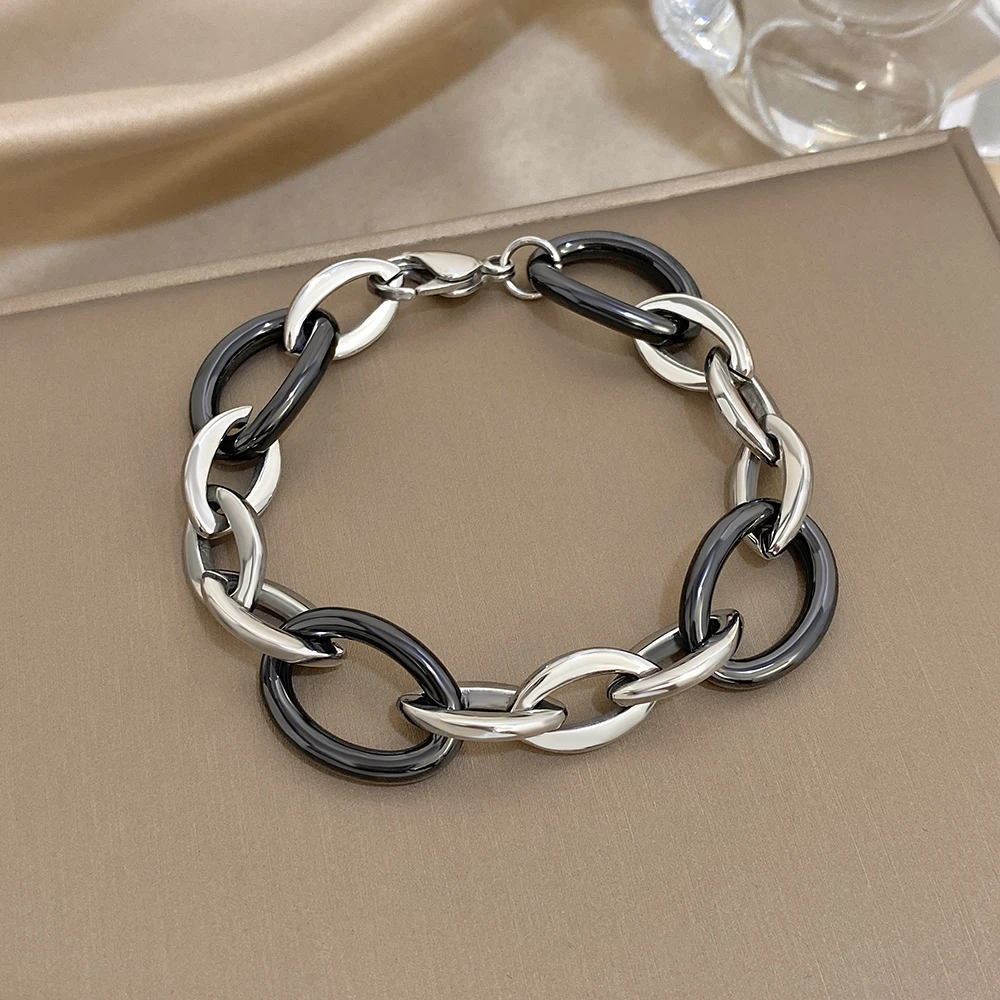 

Simple Stainless Steel Hollow Out Thick Chain Bracelet for Women 2026 Fashion Oval Ceramic Waterproof Bangle Men Jewelry Gift
