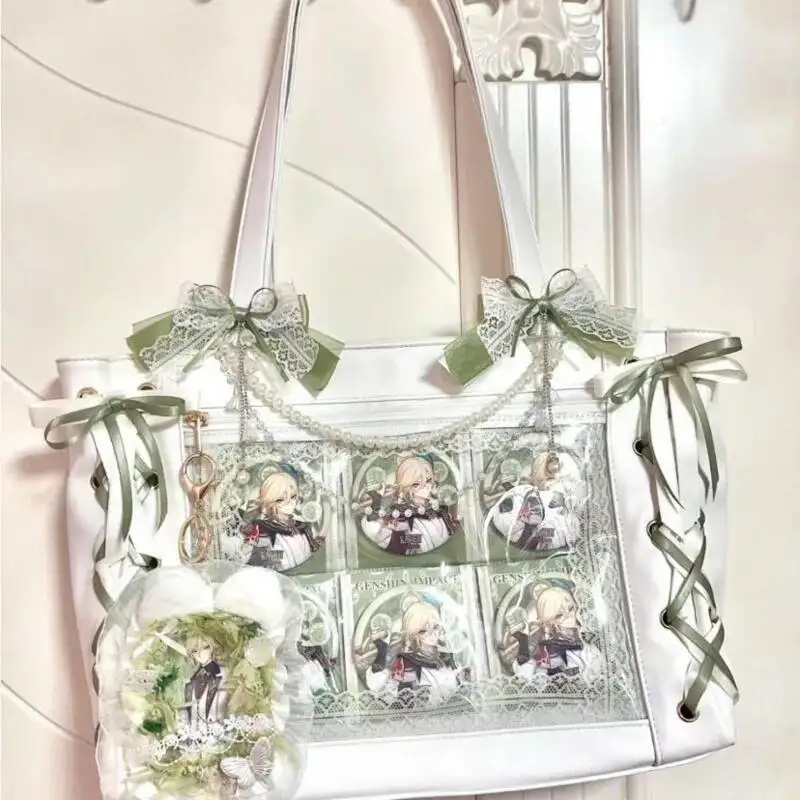 

Ribbons Japanese Lolita Girls Itabags Transparent Pockets Harajuku Pain Bags JK Uniform Shoulder Bags Kawaii Handbags For Women