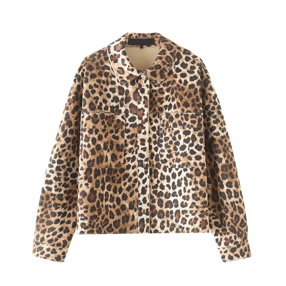 PB&ZA 2024 Early Autumn New Women\'s Casual Fashion Pocket Decoration All-match Leopard Print Long Sleeve Lapel Shirt