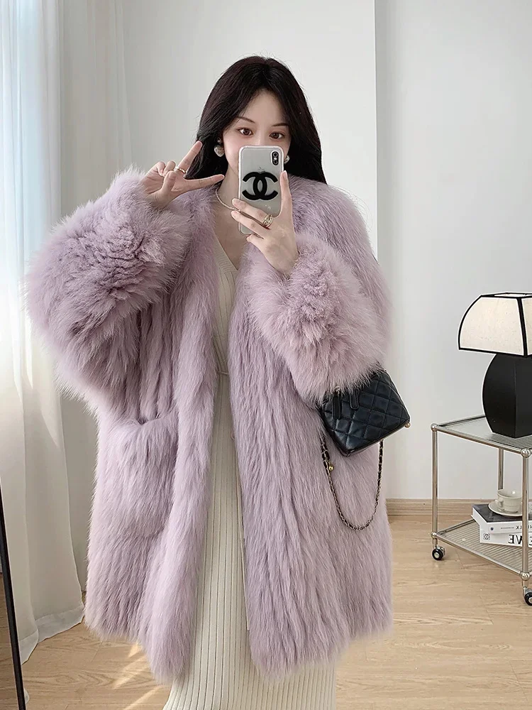 Fox Natural Fur Double-sided Weave Real Coat Women Fashion Elegant V-neck Overcoat Female Warm Long Winter Plush Jacket