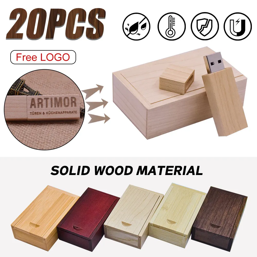 

20 PCS LOT USB Flash Drives 128GB Wooden Box Pen Drive 64GB Free Custom Logo Memory Stick 32GB Photography Wedding Gifts