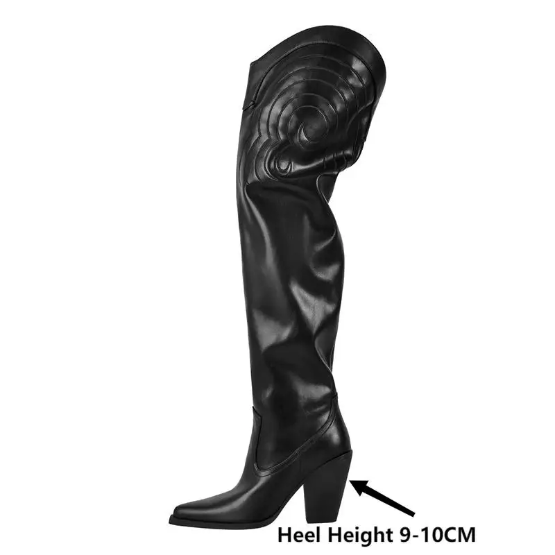 Onlymaker Women Black Matte Over The Knee Boots  Pointed Toe Chunky Heel Warm Winter Boots