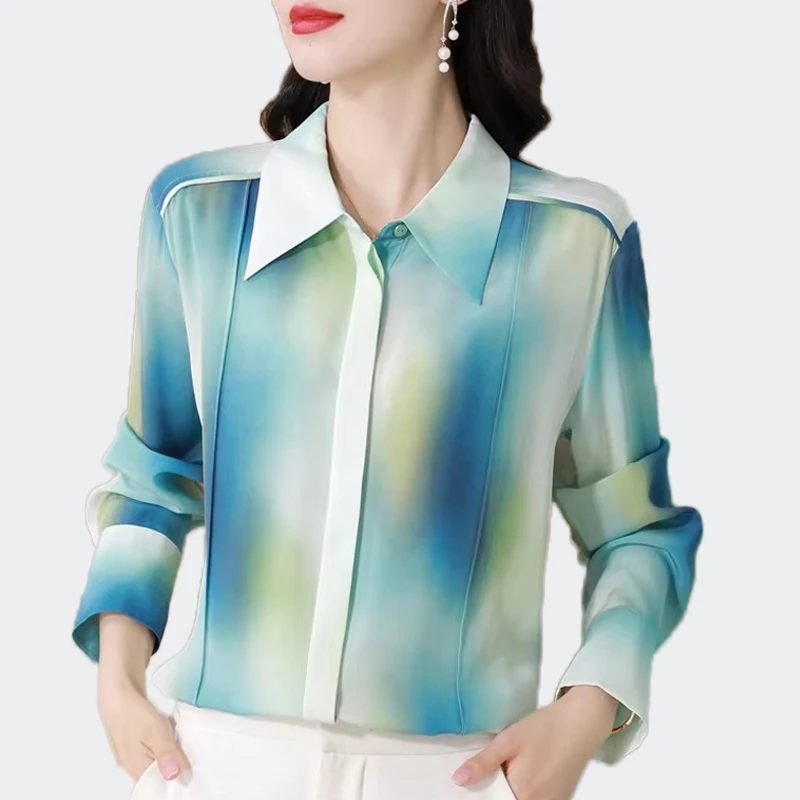 Camicette di seta casual streetwear con stampa chic a maniche lunghe Camicie da donna eleganti e sottili da ufficio Top vintage Camisas