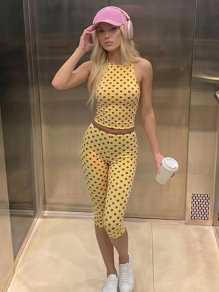 Sommer-Damen-Set mit Polka Dots, 2-teilig, ärmellose Weste, elastische Taille, Hosenanzüge für Damen, modische, lässige Streetwear-Sets für Ausflüge