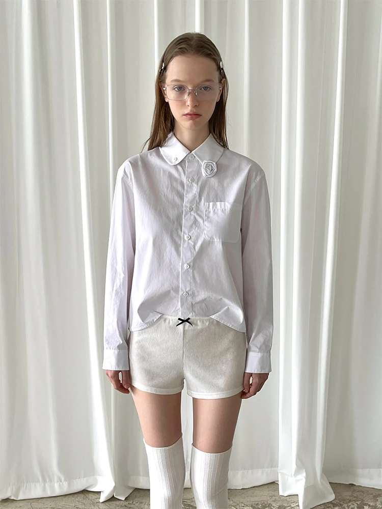 

White Doll Collar Detachable Button Handmade Flower irt Women's Straight Cut Long Sve Cotton Color Spring Faion