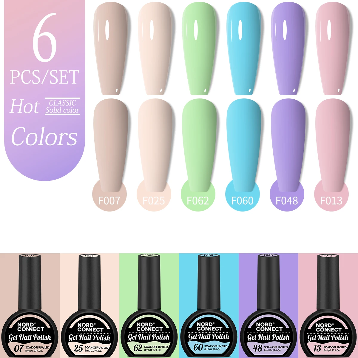 

Полукруглая бутылочка, 6-цветный набор. Подходит для лака для ногтей на весну и лето, с высокой насыщенностью и глянцестью.