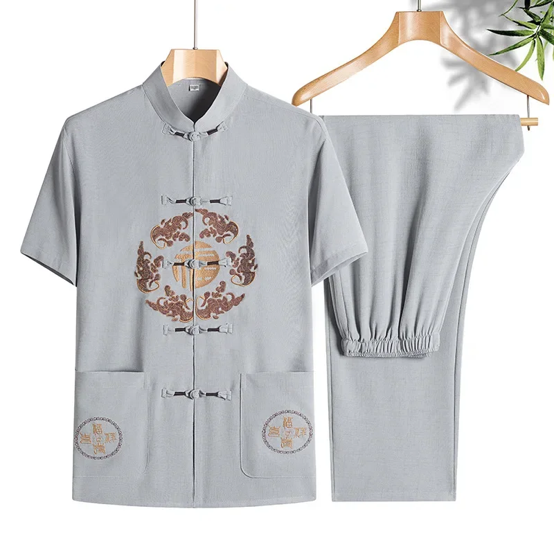 Summer Cotton Linen Embroidered Short Sleeved Tang Suit Men Chinese Suits Kung Fu Uniform Middle Aged Dad Grandpa Birthday Gifts