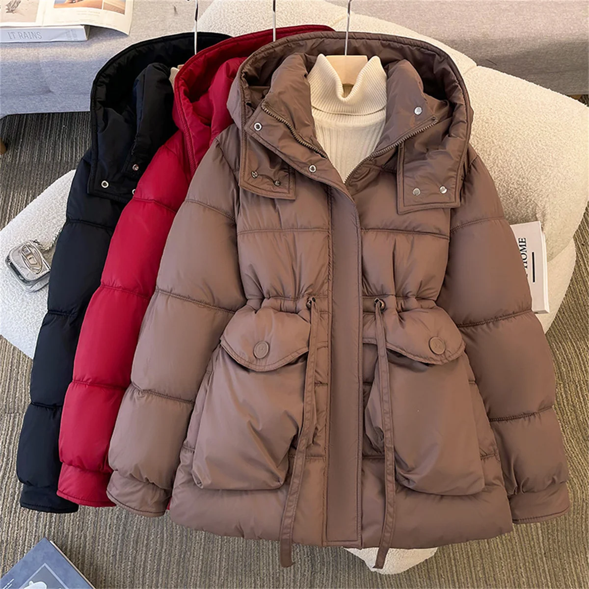

Winter Women Hooded Long Coats Padded Casual Slim Zipper Pockets Jacket Wadded Warm Thick Overcoat Female Elegant Fashion Parkas