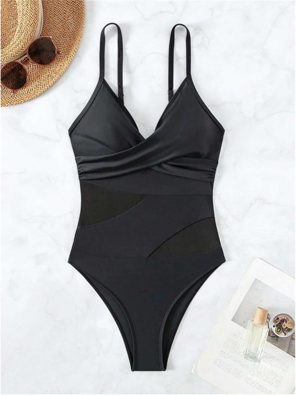 2024 Mesh Panel Swimsuit One Piece Sexy Strape Swimwear Women Solid Bathers Bathing Suit Female Swimming Summer Twist Beachwear