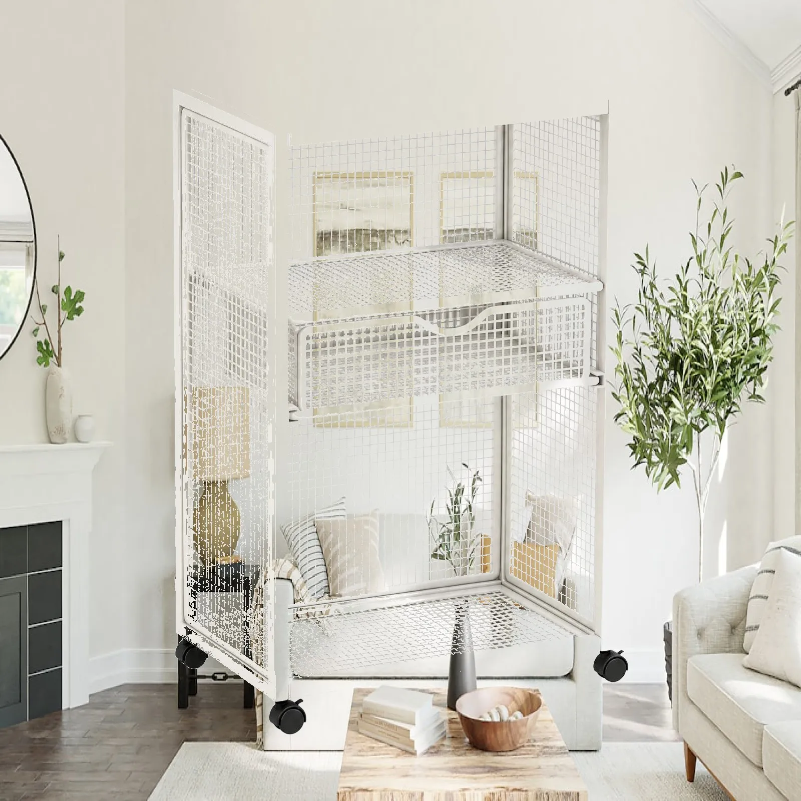 Metal Rolling Storage Cart Multipurpose Grid-Mesh Rolling Cart with Drawer Slim Profile Large Capacity for Reading Nook