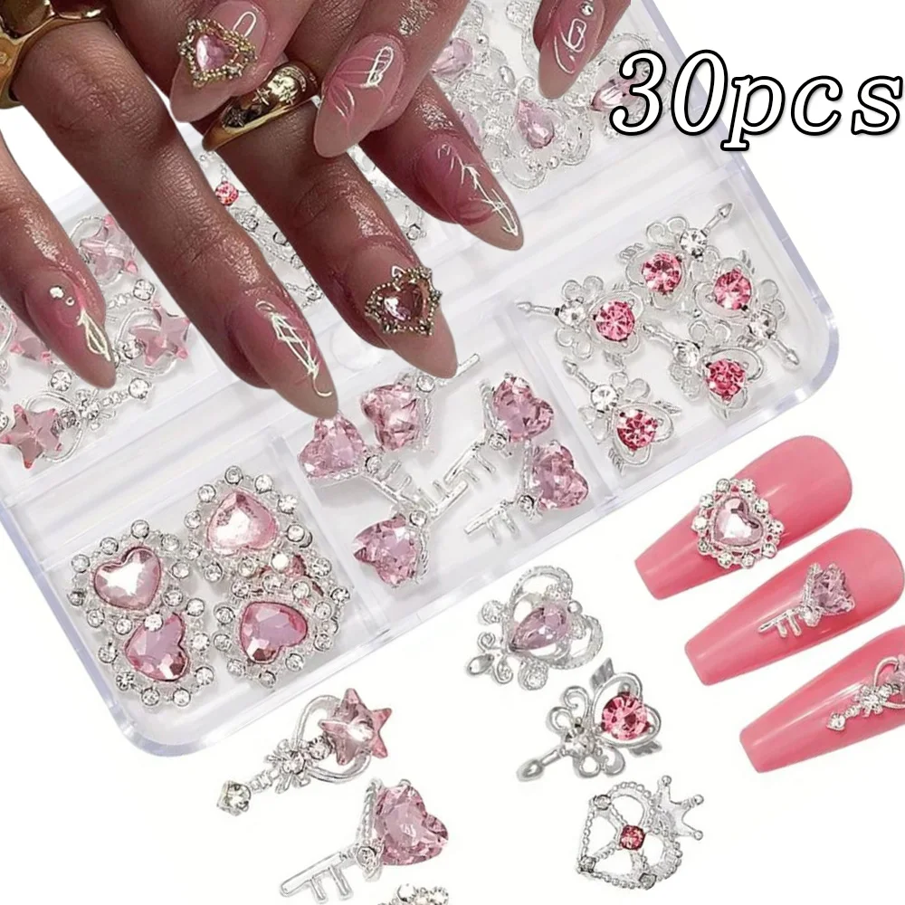 22/30Pcs 3D Heart Crystal Diamond Nail Rhinestones Pink Red Mixed Magic Wand Nail Charms Jewelry Love Gems Nail Art Decorations