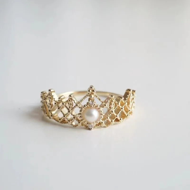 Anneliese Princess Crown Rings For Women Girls Pearl Crown Gold Plated Rings Party Jewelry Hollow Crown Rings Accessories Gifts