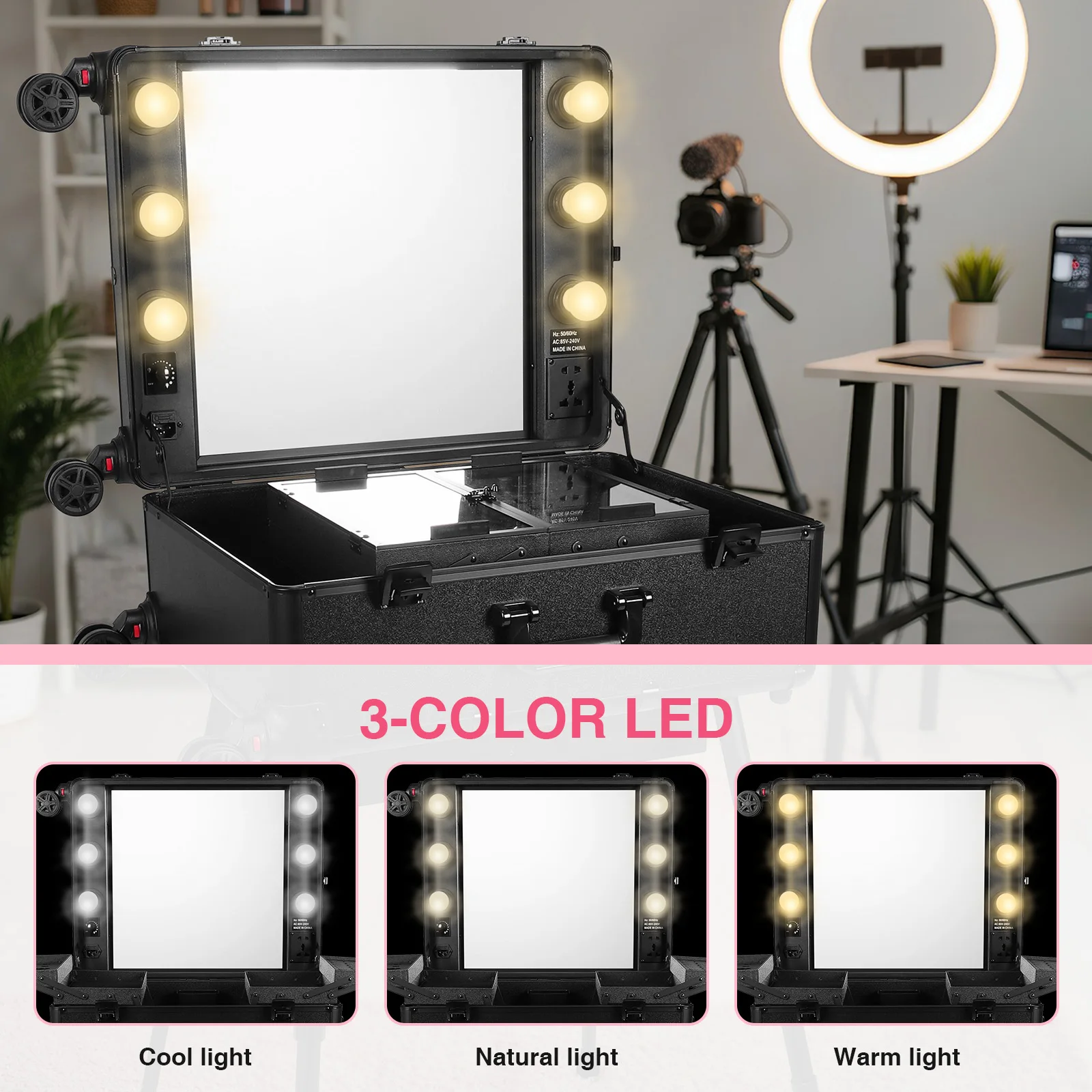 

Rolling Travel Cosmetic Organizer Box with Mirror and Lights Mobile Makeup Artist Trolley with Wheels Stands for Women and Girls