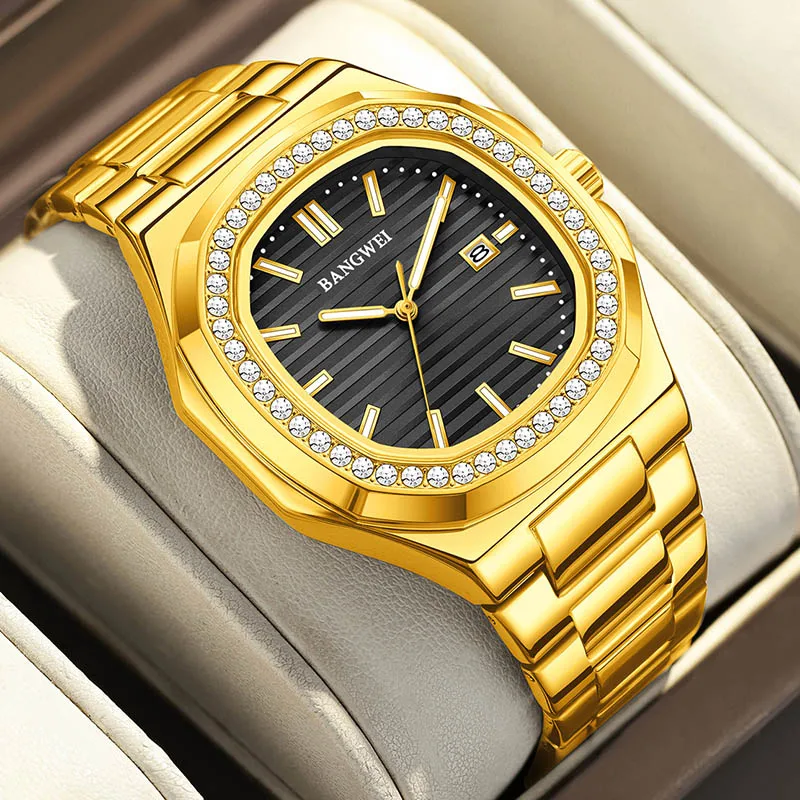 BANGWEI Square Gold Watch For Men Fashion Business Watch Men's Top Brand Luxury Sports Waterproof Luminous Quartz Men's Watches