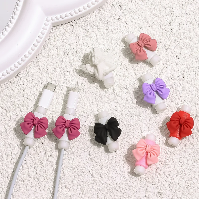 2 Teile/satz Nette 3D Bogen Kabel Schutz für iPhone XS 13 12 Pro Max XR 6 6S 7 8 plus Kawaii Daten Ladegerät Kabel Clip – Detail 1