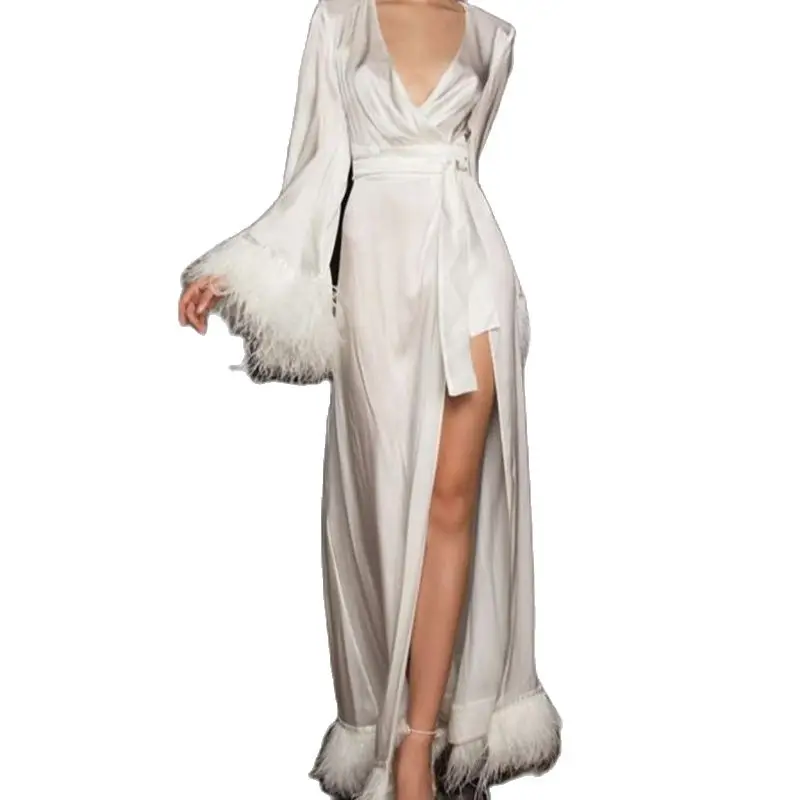 

Feather Evening Dresses Bridal Bathrobe Long Sleeves Satin Silk Sleepwear Bath Robes Nightgowns Party Wear Women's Photo Gowns