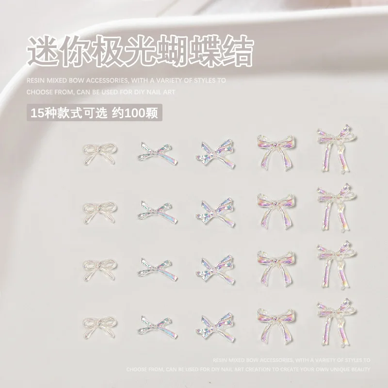 100 Uds Mini Aurora pajarita transparente 3d acrílico Nail Art Charms accesorios con lazo para manicura suministros de decoración de uñas
