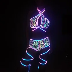 Glow in the dark Mushroom Print Bikini set Women Holographic Rave Criss Cross Halter Top with Leg Straps Festival Swimsuit 2026