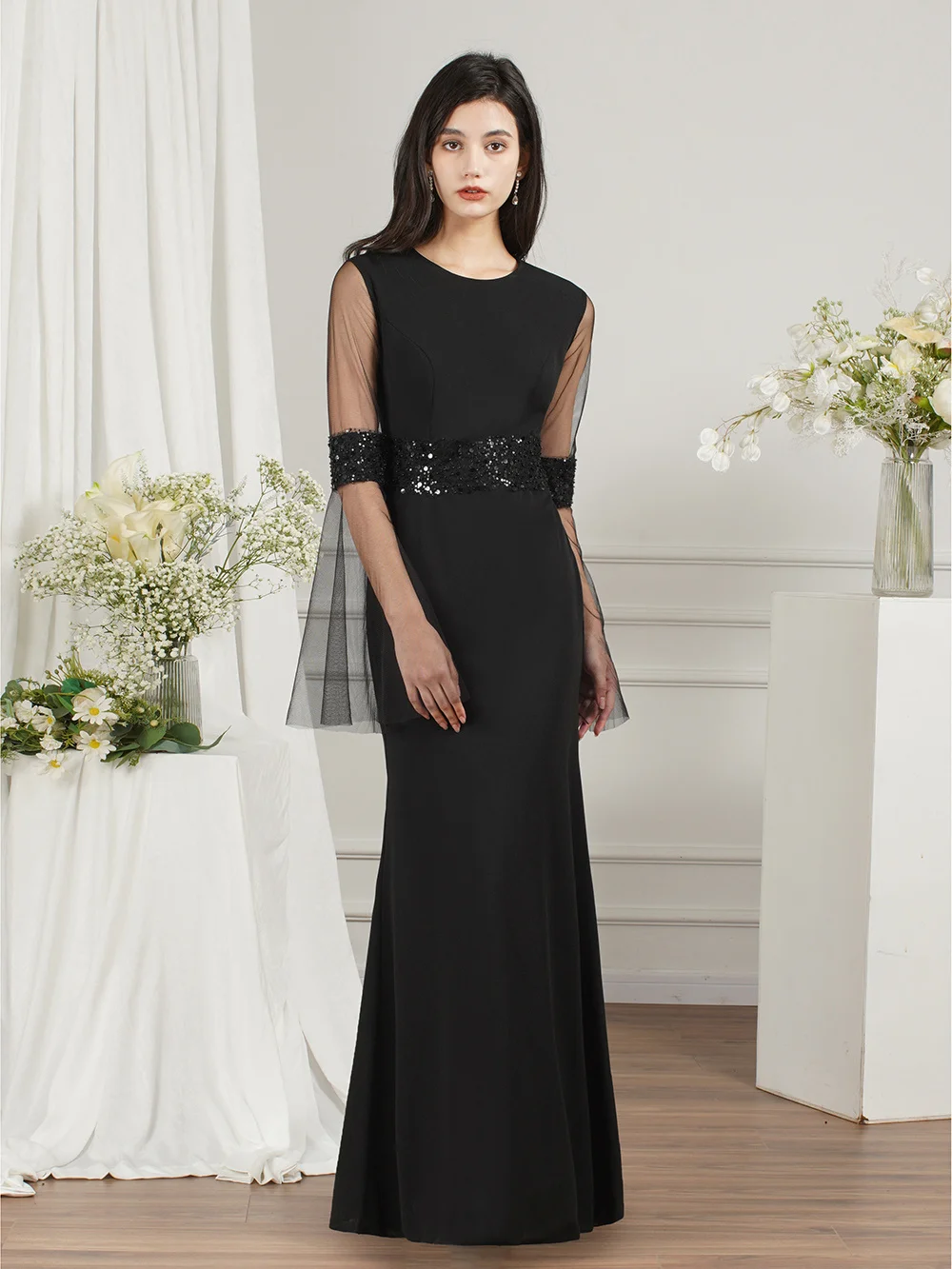 MisShow Evening Dress Black Round Neck  Flare Sleeve Sequin   Beading Long Skirt Formal Party Gown Prom Dresses