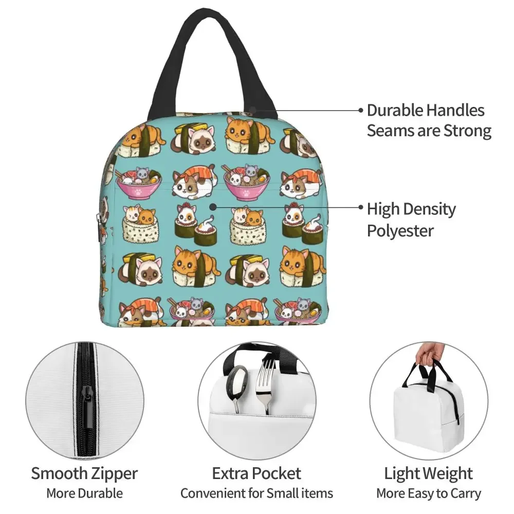 Food Sushi Cat Lunch Bag Women Children Insulated Lunch Box for Work School Custom Portable Bento Tote Bags