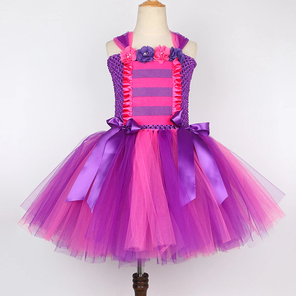 Alice Cheshiro Cat Costumes for Girls Purple Hot Pink Kitty Ballet Tutus Outfit Kids Birthday Halloween Dresses Animal Clothes