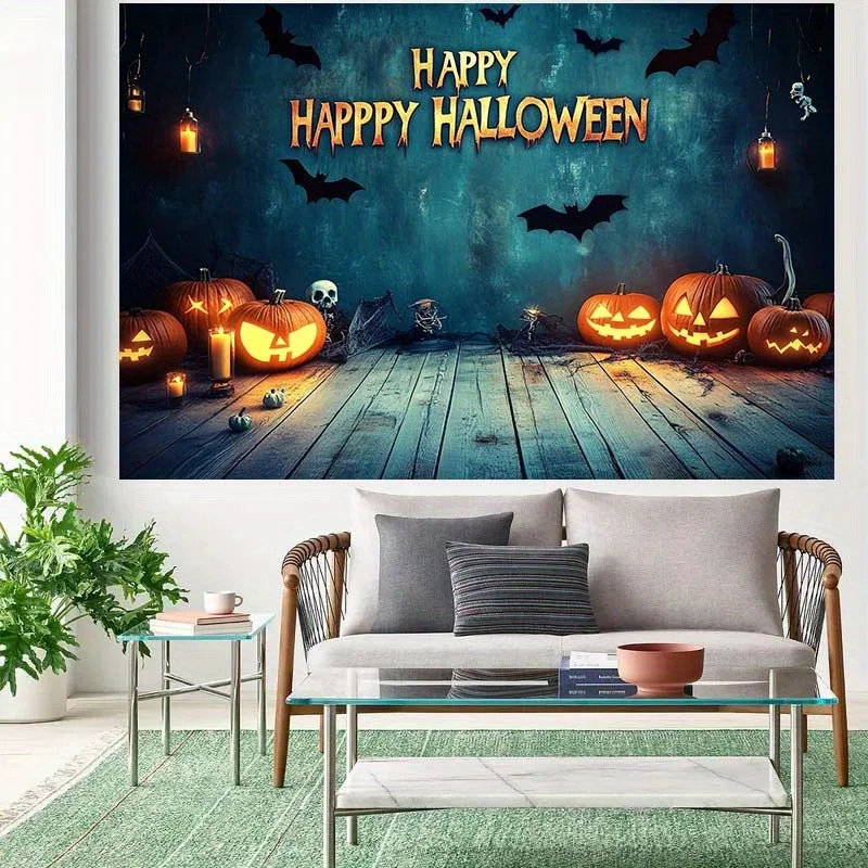 1 لافتة خلفية للهالوين - اليقطين والخفافيش والجمجمة ونص "هالوين السعيد" سهل التركيب #4