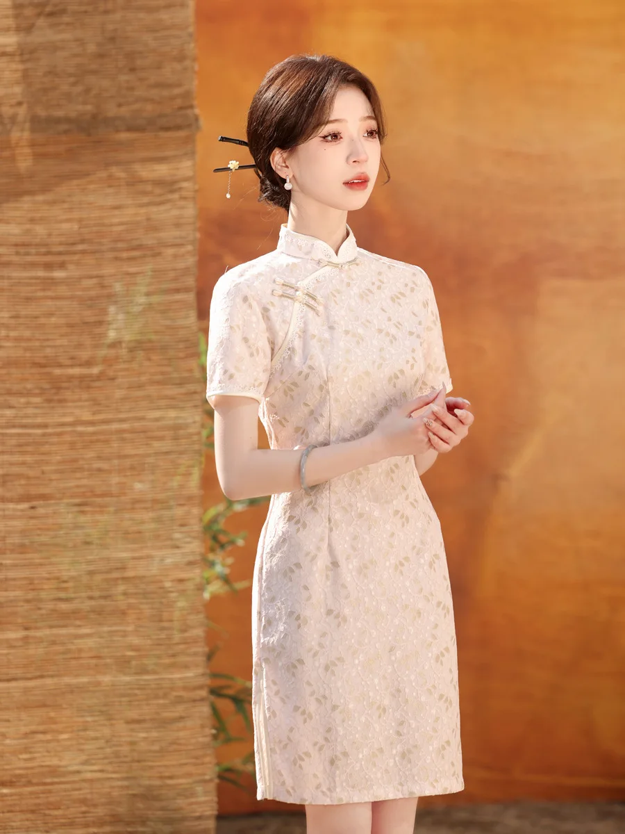 Women Lace Cheongsam Chinese Style Female Mini Dress Elegant Vintage Qipao Short Sleeve Dresses