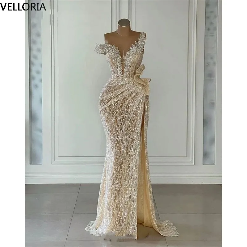 Sparkly Champagne Sequins Mermaid Evening Dress Off Shoulder Prom Gown Formal Party Dress Vestdos De Fiesta  Customized