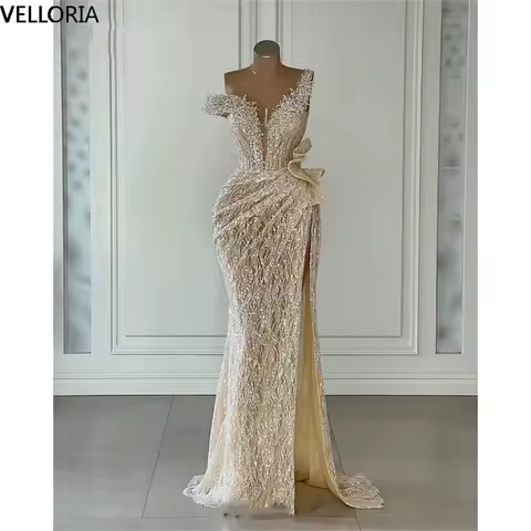 Sparkly Champagne Sequins Mermaid Evening Dress Off Shoulder Prom Gown Formal Party Dress Vestdos De Fiesta Customized