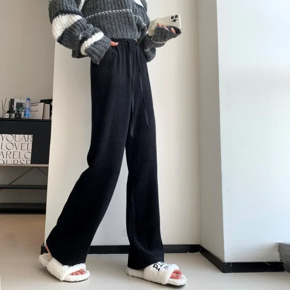 Damskie spodnie na lato 2025, nowe, ze sznurkiem, cienkie, z elastyczną gumką w pasie, miękkie, szerokie nogawki, długie, luźne, różowe, odzież damska.