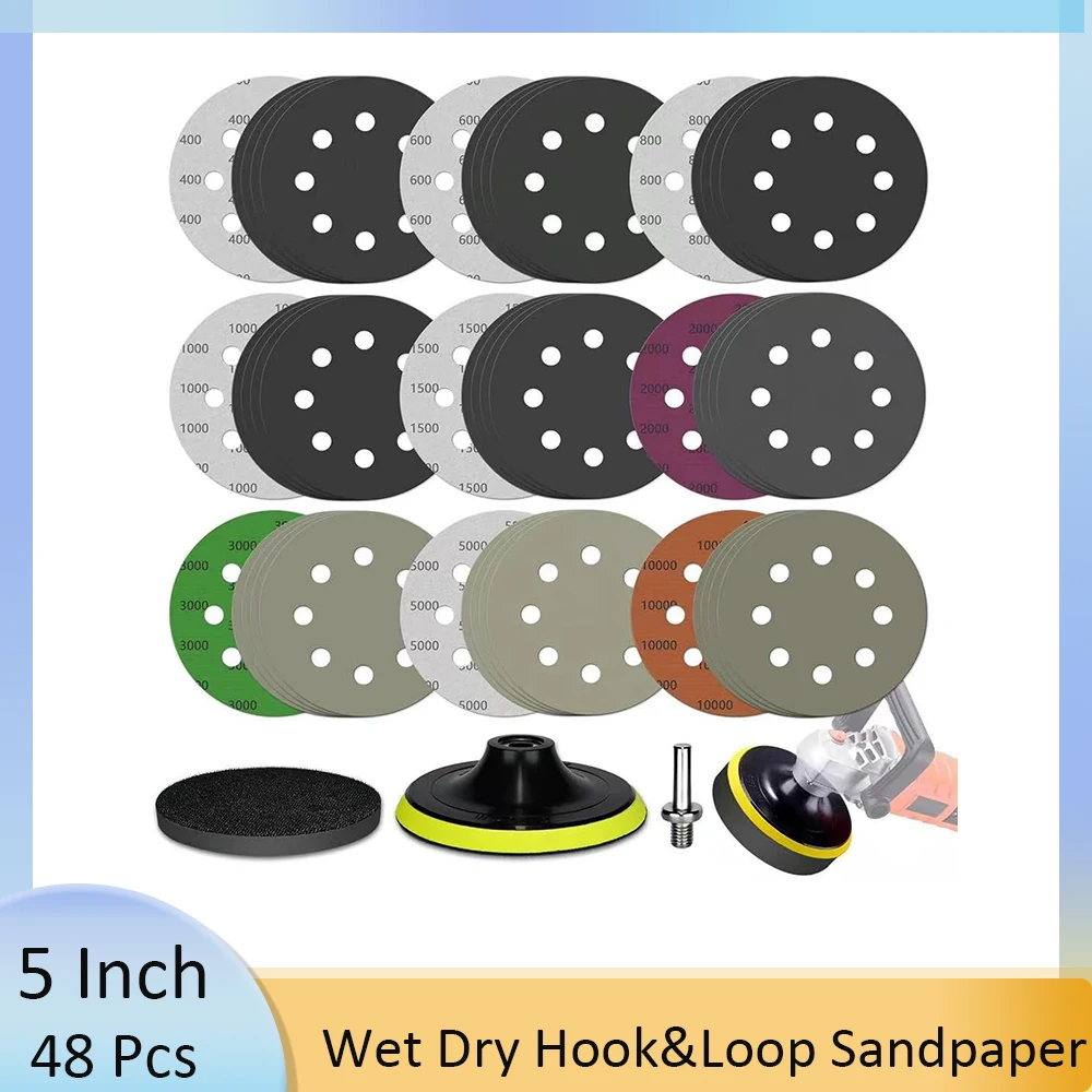 

5"8 Hole Wet Dry Sanding Discs Kit 45 Pcs Hook & Loop Sandpaper with M10 Backing Pad and Foam for Orbital Sander Car Wood Metal