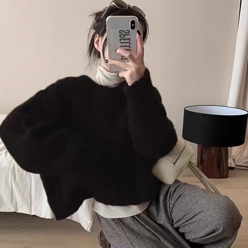 ルーズソリッドカラーアウターニットプルオーバー韓国スタイル秋冬女性セーターカジュアル O ネック長袖快適なトップ