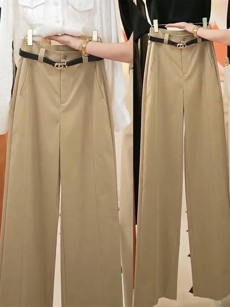 بنطلون بدلة نسائي من قماش التنسل والقطن بلون الكاكي، خصر عالي، تصميم نحيف مستقيم الساق، موديل جديد للخريف والشتاء، بنطلون أني...