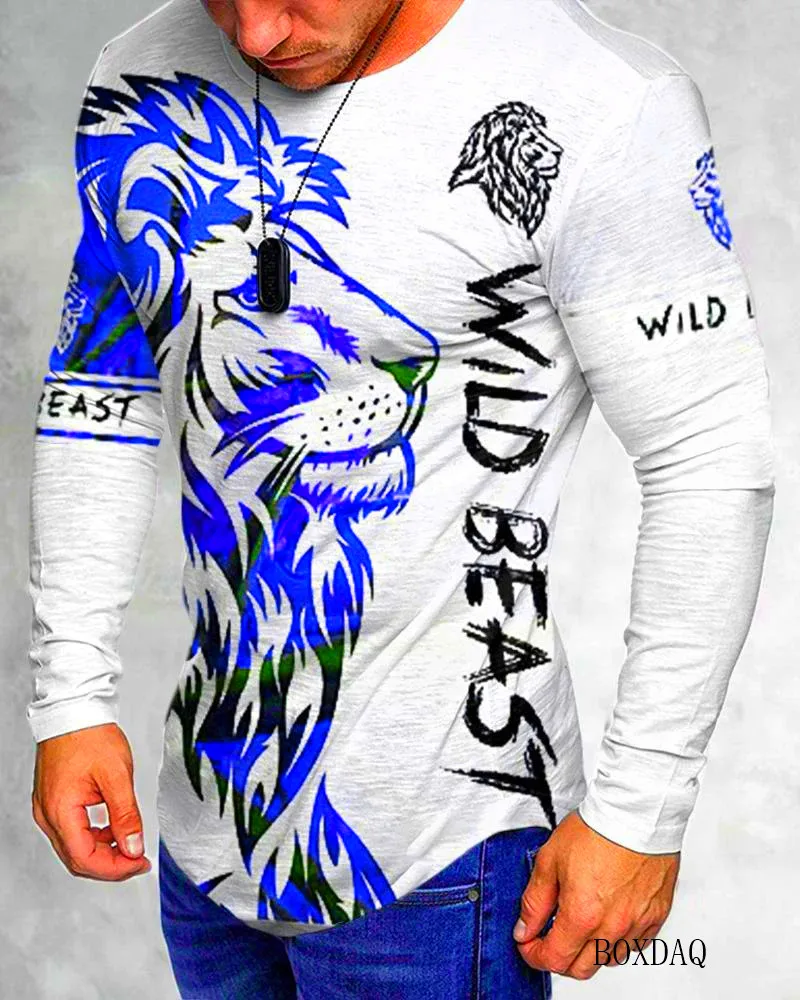 Long Sleeve Lion Abstract Pattern Men's T-shirts Spring Autumn 3d Animal Print Street Tie-dye Male Tees 6XL Big Size Casual Tops