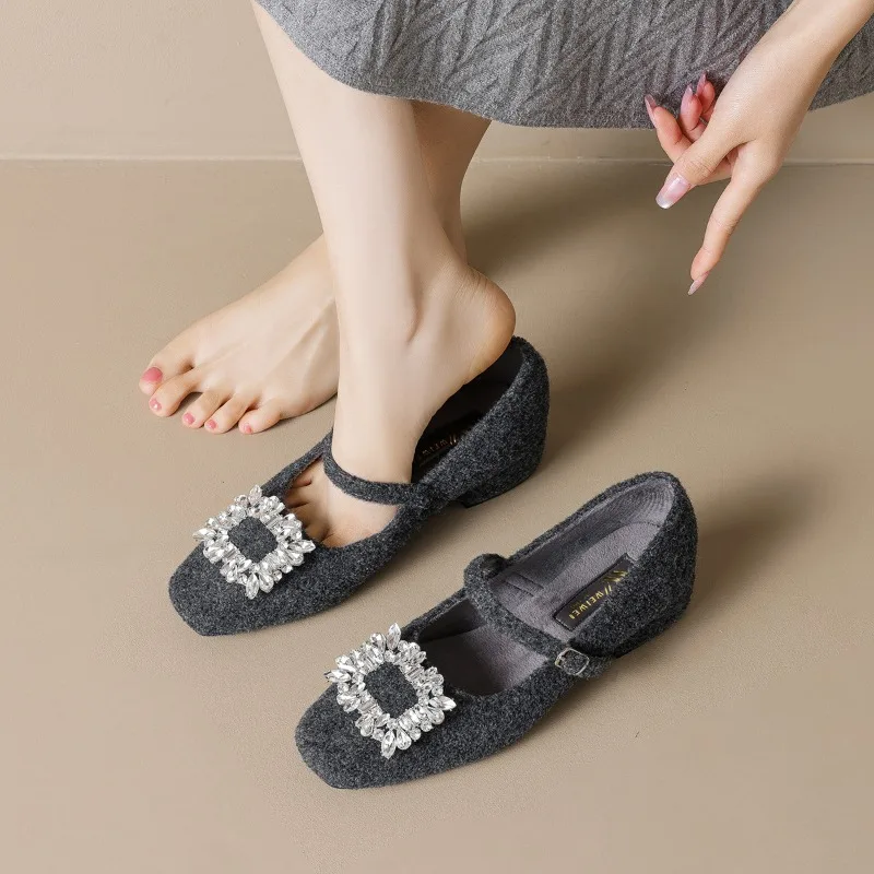 

French Mary Jane Chunky Heel Diamond Embellished Furry Single Shoes Women's Autumn Winter New Square Head Fleece Lined Cotton...