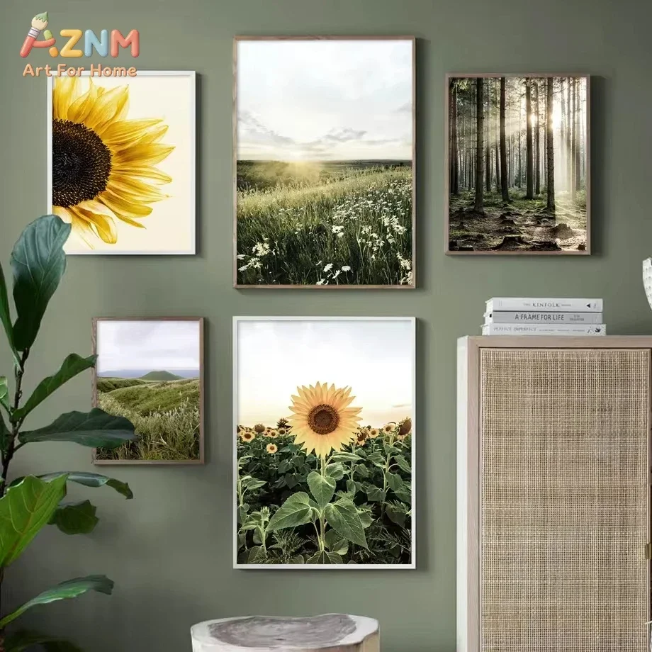 AZNM Natural Scenery Sunflower Forest Canvas Poster, Frameless Rural Meadow Sunlight Landscape Print Wall Art For Earth Tone Rus