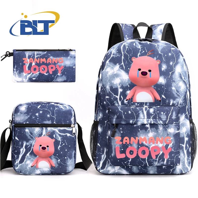 Cute Loopy Print Backpack Set para crianças, bolsa de escola estudantil, bolsa de ombro, lápis, meninos e meninas, 3 pcs