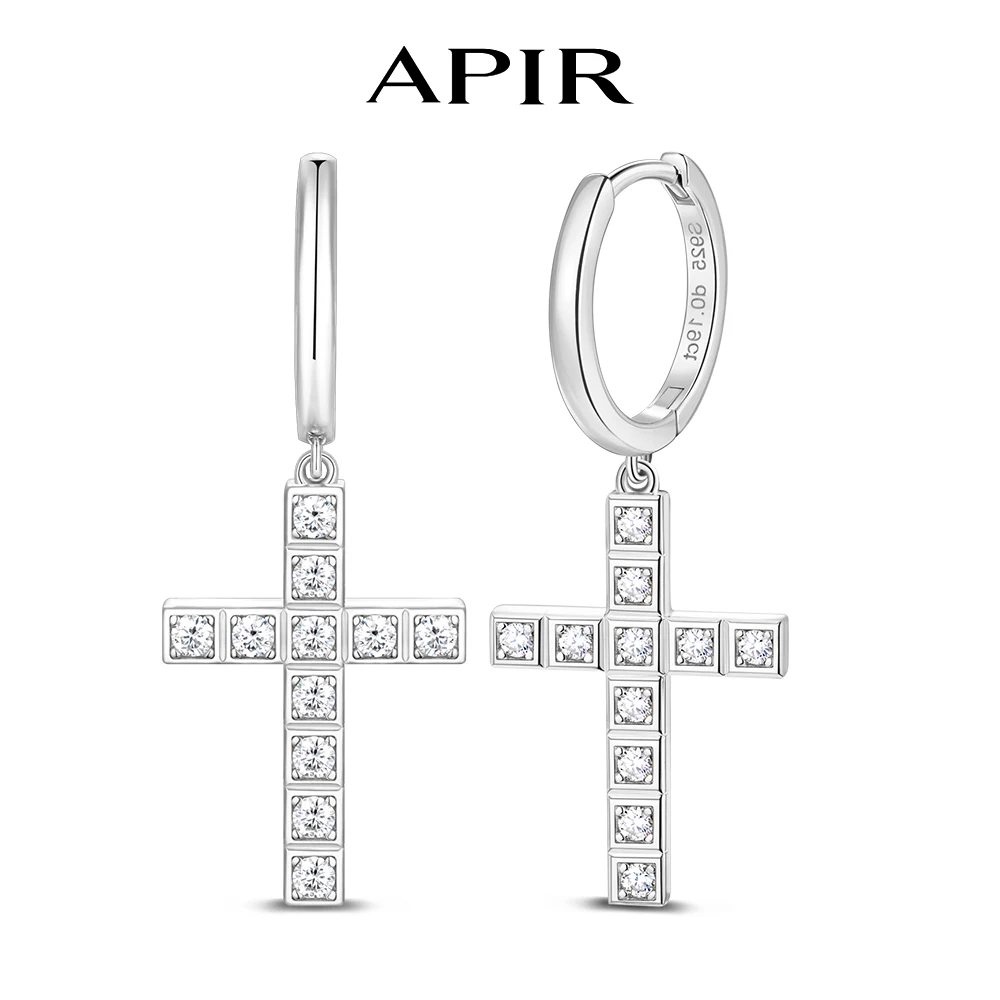 

APIR Inlay Round 1.6mm Moissanite Cross Drop Earrings for Women Man S925 Silver Hypoallergenic Hoops Party Daily Hip Hop Jewelry