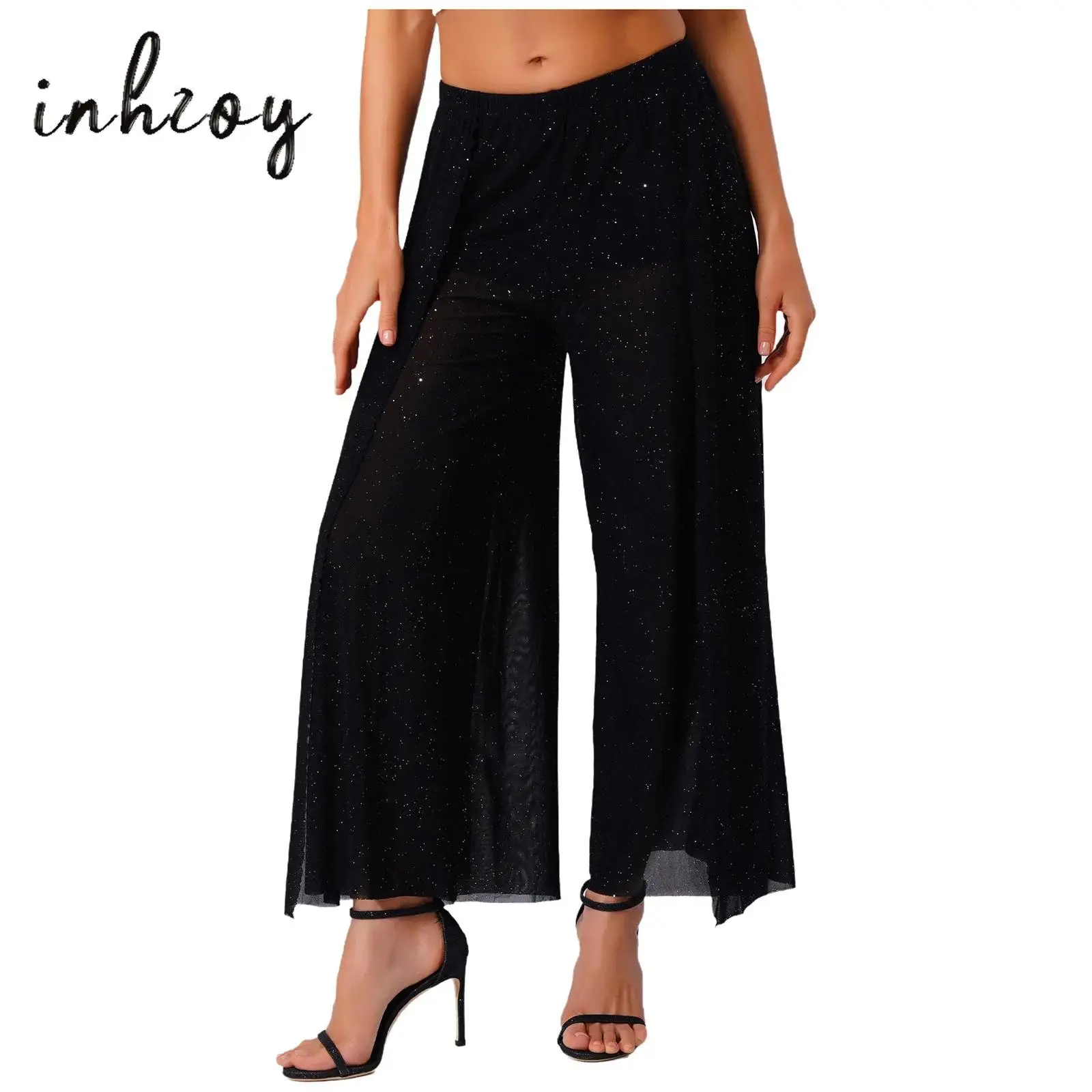 

Womens Shimmering Mesh Wide Leg Pants Elastic Waist Side Slit Built-in Shorts Sheer Mesh Long Pants for Belly Dance Performance