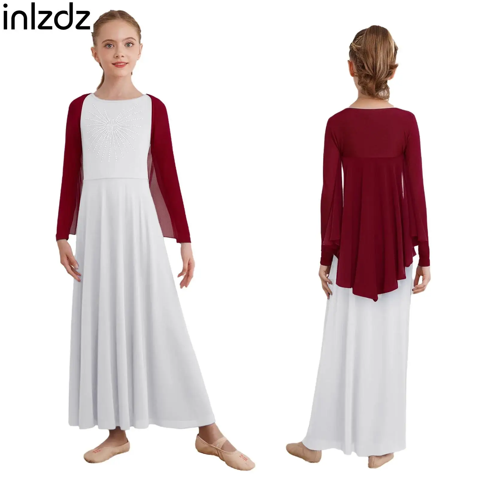 

Girls Church Choir Worship Praise Dress Kids 2Pcs Liturgical Praise Lyrical Dance Performance Outfit Angel Wing Shrug+Maxi Dress