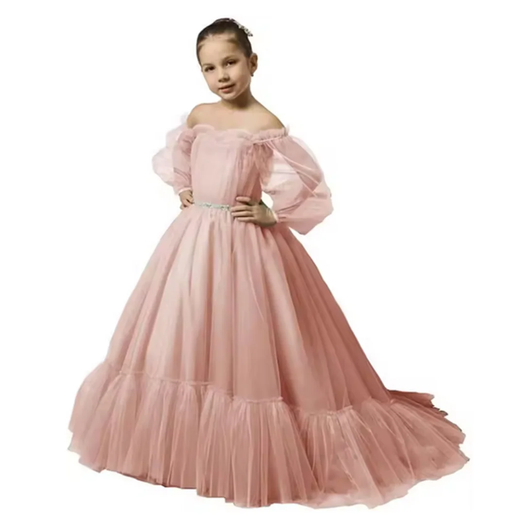 فساتين فتاة الزهور بأكمام منتفخة لحفلات الزفاف بدون أكتاف من التل، فستان للأطفال الصغار مع حزام فستان للفتيات الصغيرات