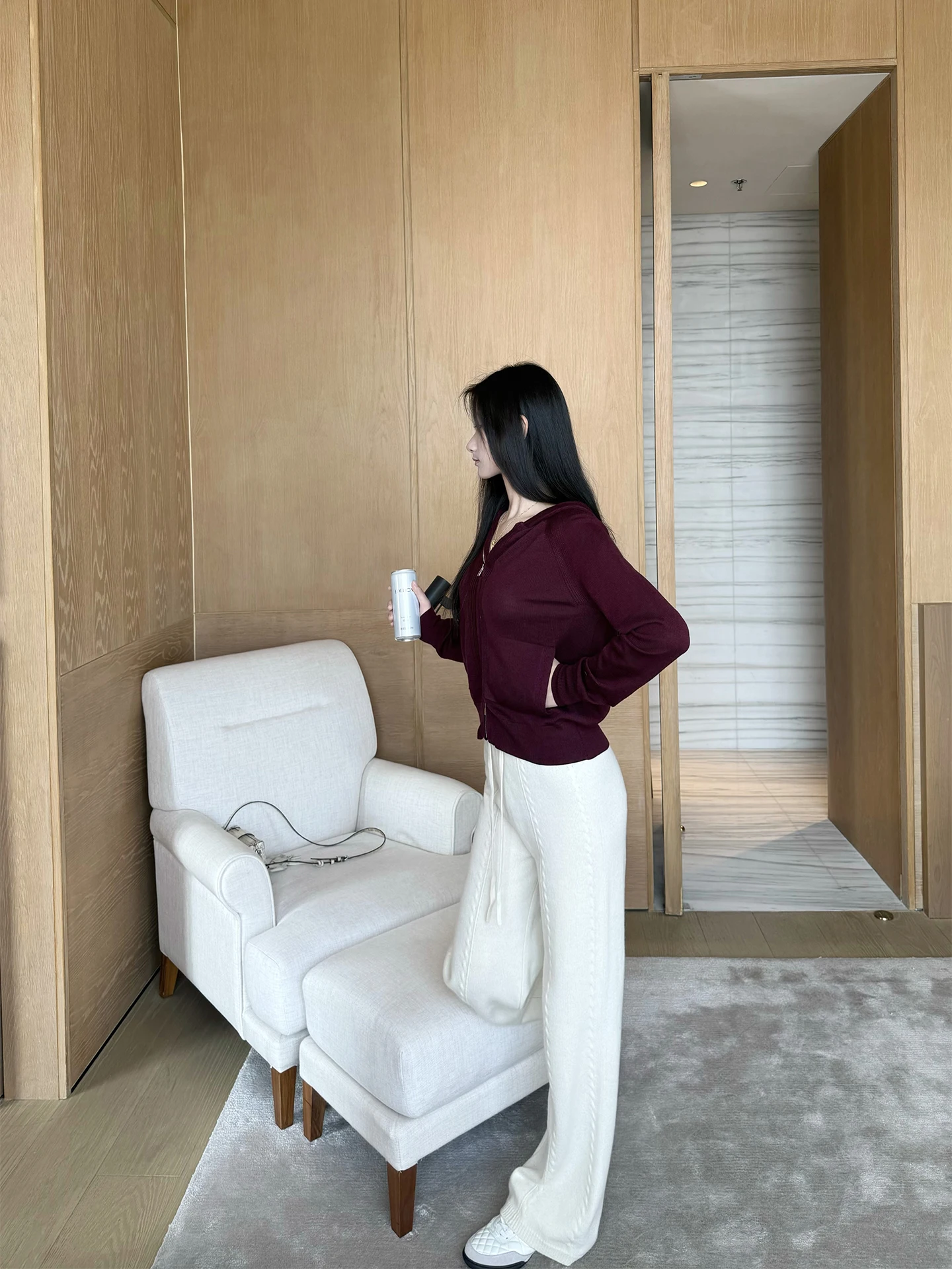 

FUFU Han Yu White Narrow Knitted Woolen Elastic eep Pants Casual Sle l Waist Rope Door Straight Leg Warm Trousers