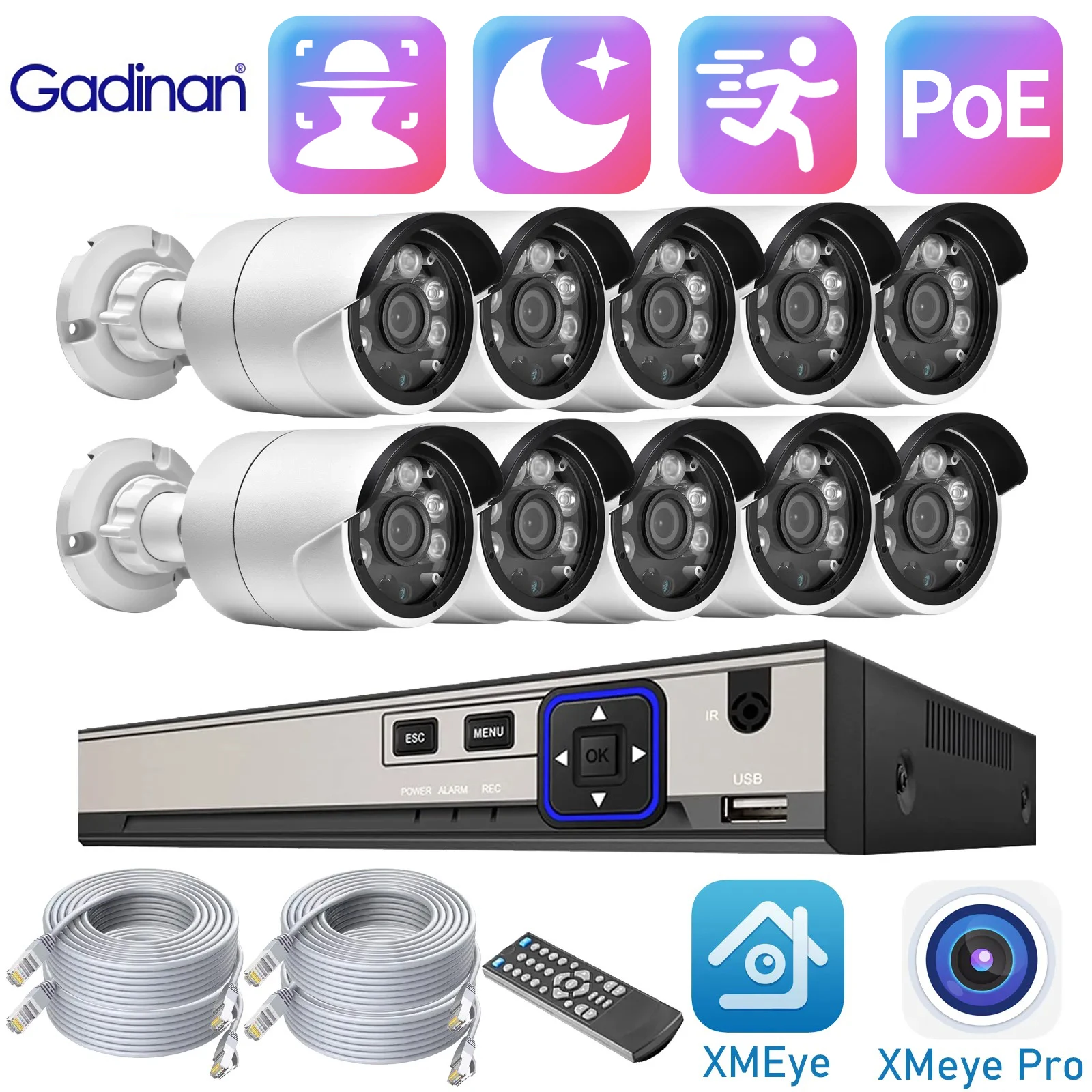 

Gadinan 10CH 5MP POE HD IP Camera System P2P Face Detection NVR Kit Motion Detection CCTV Audio Security Video Surveillance Set