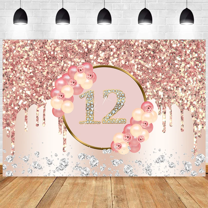 Rose Gold 12th Backdrop For Girls Boy Happy Birthday Party Twelve Years Old Photography Background Photo Photocall Banner