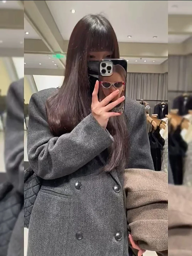 Fashion Gray Faux Fur Suit Coat Women Y2K Winter Thick Warm Double-Breasted Jackets Female Korean Streetwear All-Match Outwear