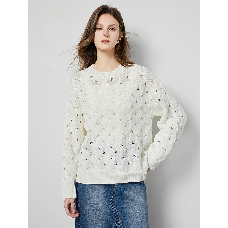 TOYOUTH Women Sweater 2024 Spring New Hallow Out Knit White Color Pullover Tops